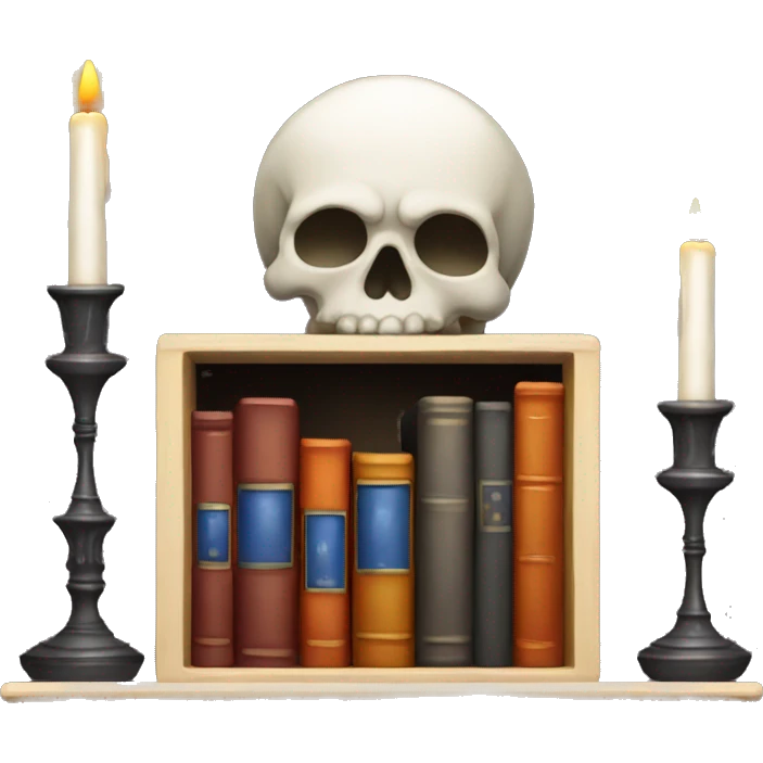 bookshelf with candlestick and skull emoji