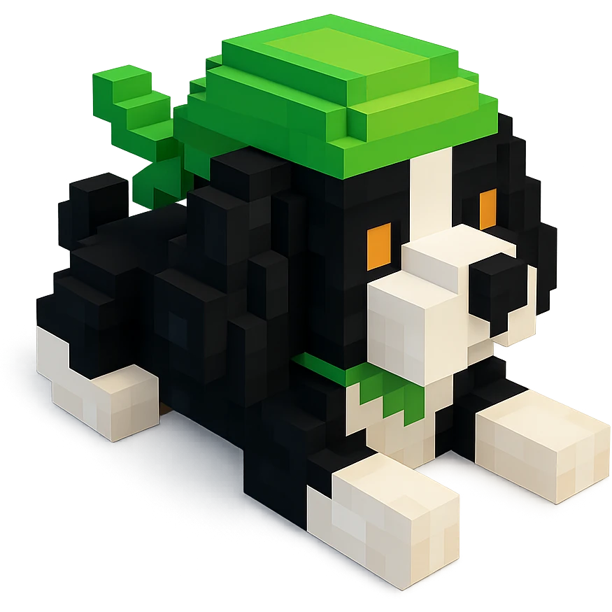 A black and white Russian Cocker Spaniel puppy wearing a green durag, voxel style, lying down emoji