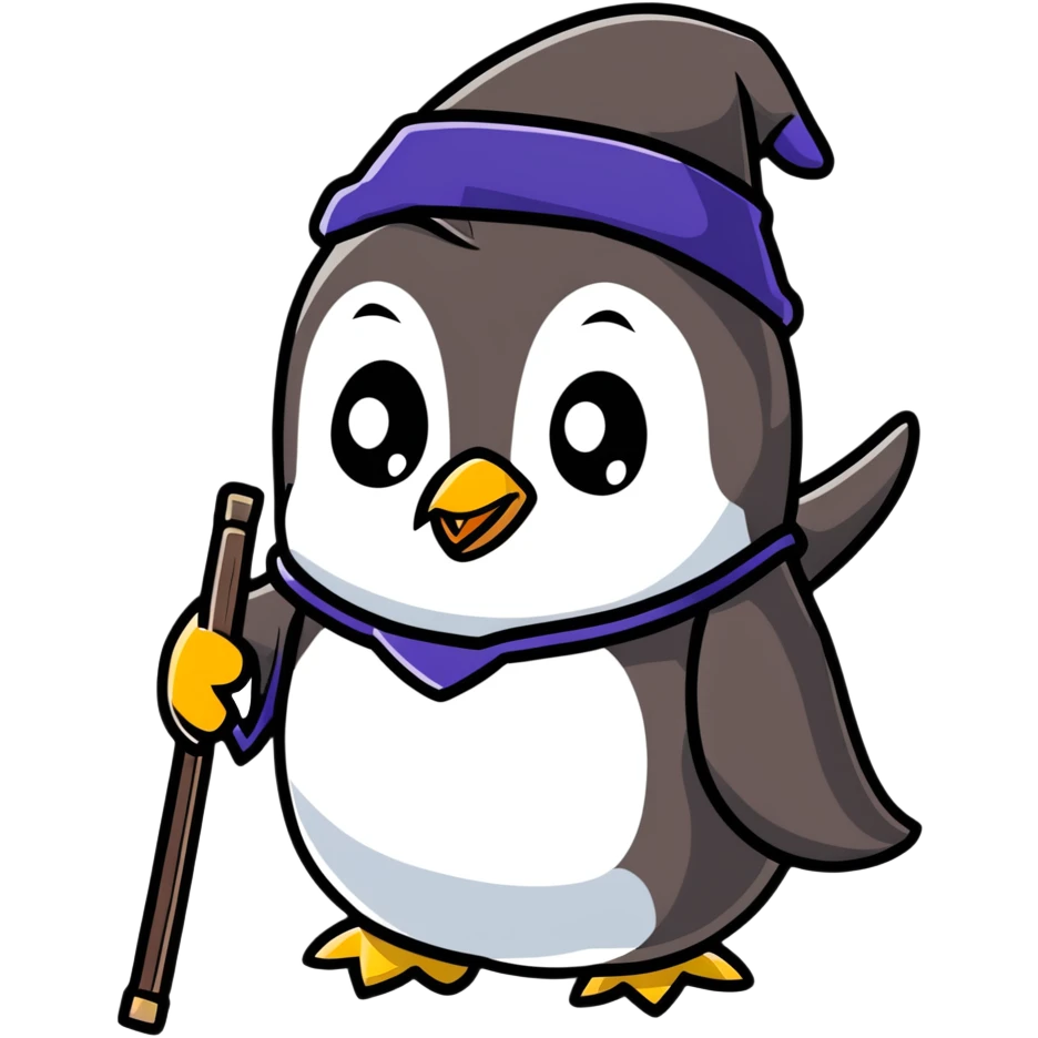 a penguin wizard with a staff and hat emoji