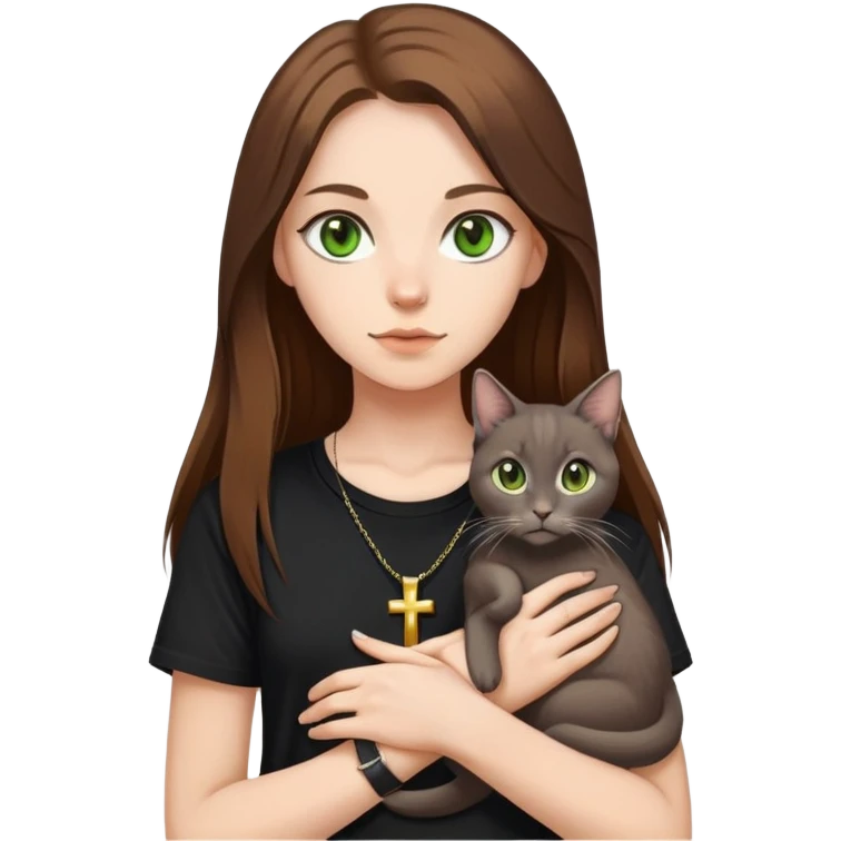 A pretty white girl with very long brown hair and green eyes in a black T-shirt with a pendant in the form of a cross, in her hands she holds a gray lop-eared cat with yellow eyes emoji
