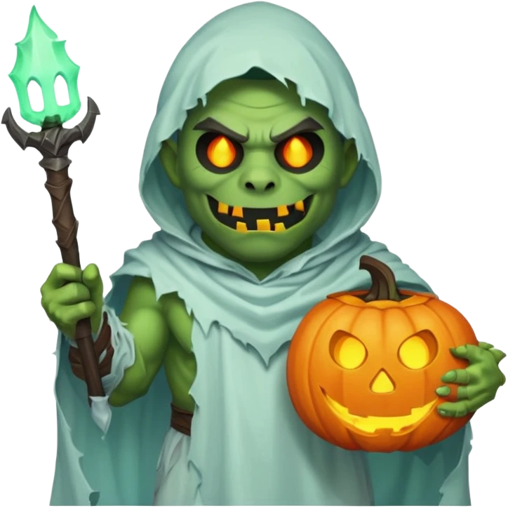 male orc warrior ghost emoji, green skin, wearing torn white ghost sheet costume, holding glowing jack-o'-lantern, faint blue aura, friendly but spooky expression, Halloween fantasy theme, Apple emoji style, clean white background, square emoji