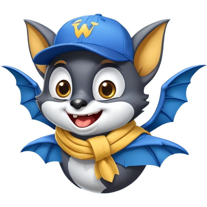 Friendly flying fox bat mascot with cheerful mischievous expression, large spread wings, big expressive eyes with playful glint, smiling mouth showing small fangs, wearing yellow and blue scarf wrapped around neck, blue baseball cap tilted to one side, dark grey body with white highlights, circular composition emoji