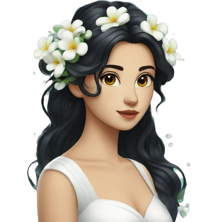 Pretty young Lady with black hair flowers in hair white dress surrounded by flowing water emoji