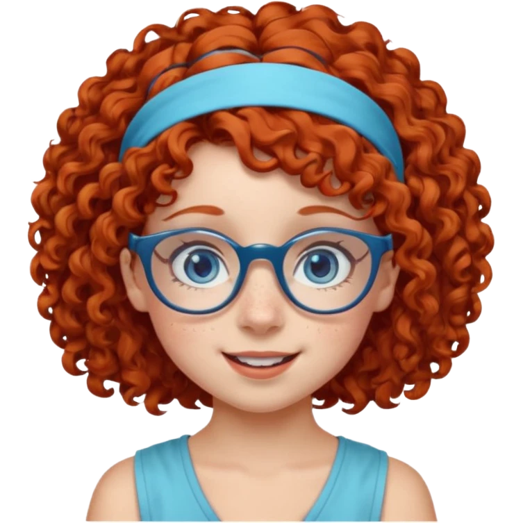 redhead kid with unique face features and very curly hair kid girl happy and big glasess and big nose and very blue eyes and headband with freckles emoji
