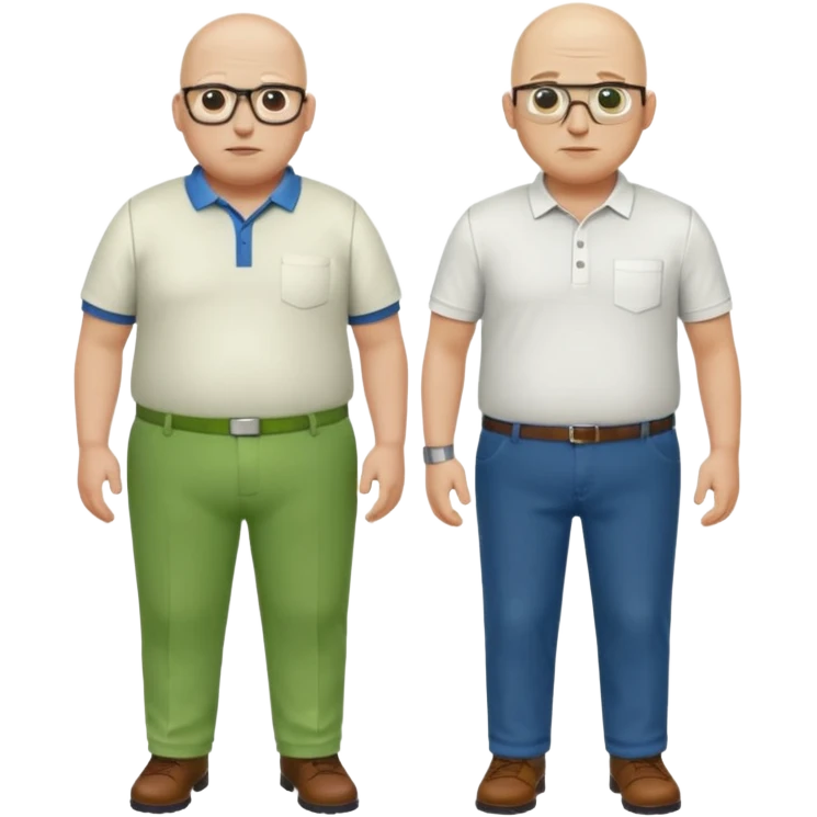 two guys, the first guy is white bald have glases a white dressshirt with rolled up sleeves and green pants he is over weight, The second guy has a yellow skin white golf shirt blue jeans and bald they should stand next to eachother emoji