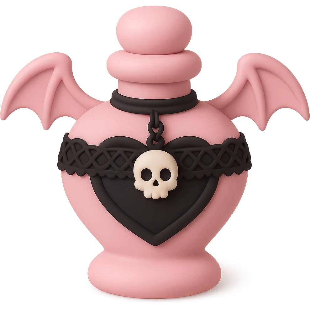 Create a mochi style pink goth potion bottle, with black lace and a small skull charm. Keep the soft and cute gothic look, no background. emoji