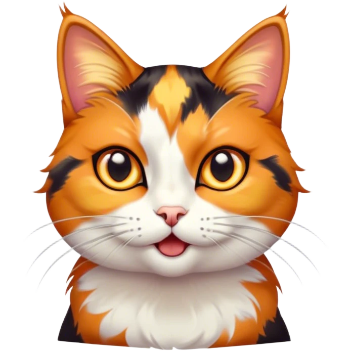 Cinematic Comical Calico Cat Portrait Emoji, Head tilted dramatically with an exaggeratedly surprised expression, showcasing a vibrant patchwork fur of orange, black, and white with wide, comically expressive eyes, simplified yet hilariously detailed, glowing with a sassy, golden radiance, high shine, exuding playful mischief and cheeky feline attitude, styled with a soft glowing outline, capturing the essence of a calico cat that looks ready to leap off the screen with mischievous flair! emoji