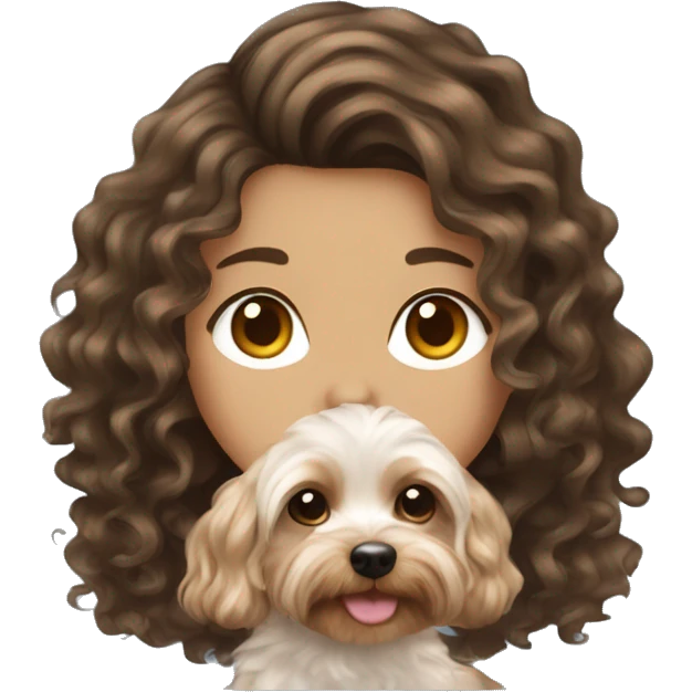 curly medium length brunette hair, white women holding a cute yorkie dog emoji