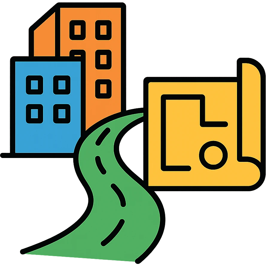 Urban planning with buildings, roads, and a blueprint - representing Urbanisme & Aménagement emoji