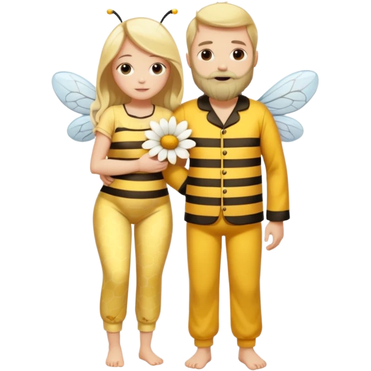 Grown up man with long dark brown long, white skin, medium beard, full body in cute bee pijama hugging a woman with blonde hair, white skin, dressed as a flower  emoji