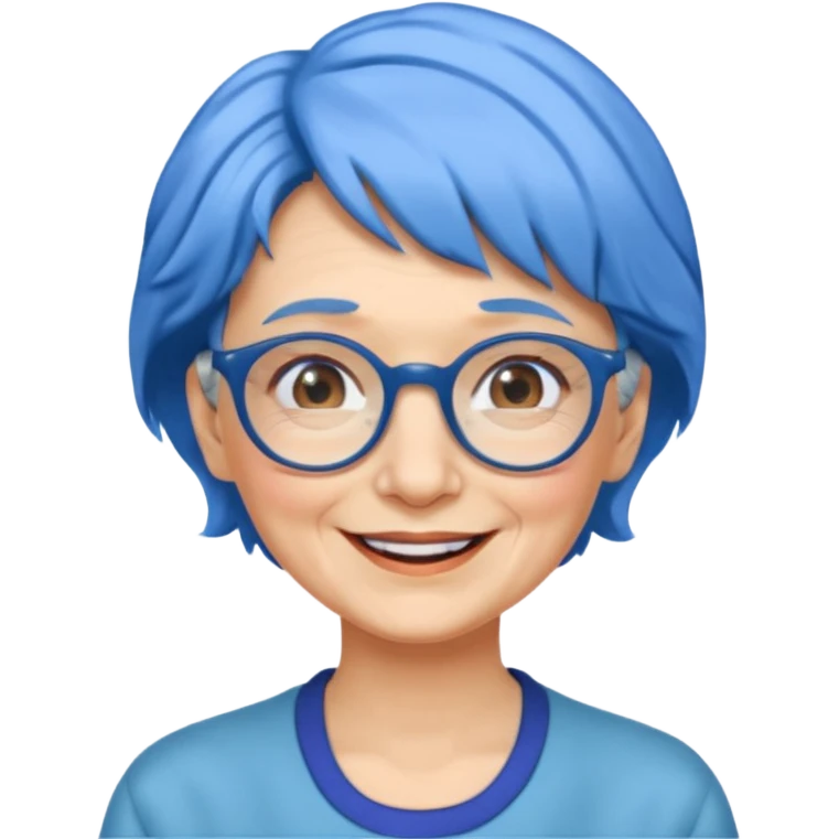 old lady with blue hair, wearing glasses, slight curl short hair emoji