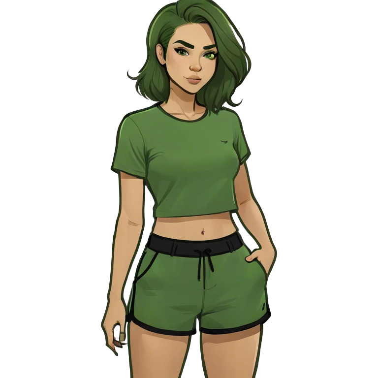 mulher branca com cabelo cacheado longo castanho com top e shorts preto fazendo agachamento com peso emoji