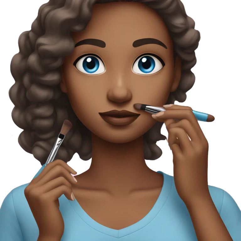 Girl with straight brunette hair blue eyes doing makeup emoji