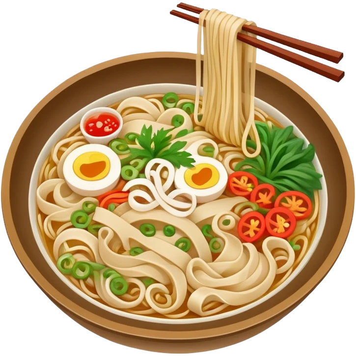 Yunnan over-the-bridge rice noodles with separate ingredients, simplified emoji style with bold outlines and bright colors, cartoon style Chinese noodle dish emoji