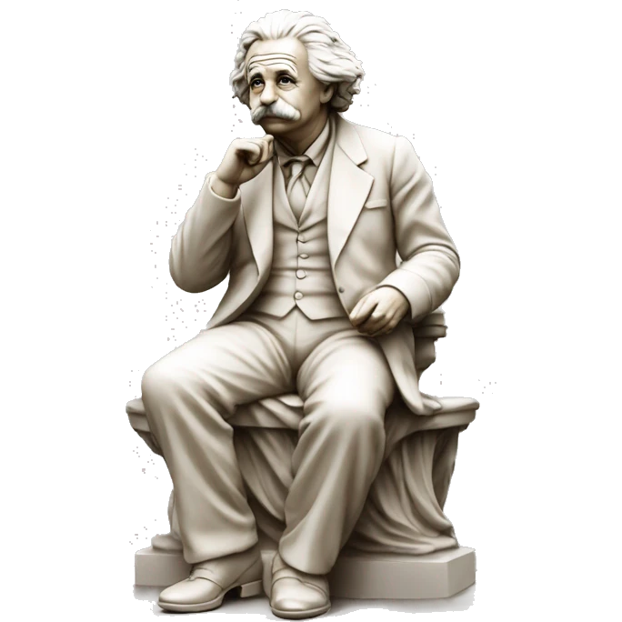sitting philosopher-statue as albert einstein lean on hist fist emoji