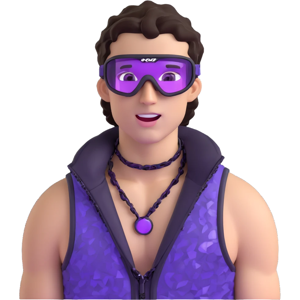 close-up of cool guy male athlete with white skin and moderately curly dark brown hair on top with shaved sides, with one purple ski goggle lens pushed up above his eyes on his forehead, sticking his tongue out of his mouth, wearing only a plain black chain necklace around his neck, and a completely unzipped sleeveless vest with purple and black sequin fire pattern design with no logo, clearly showing he is shirtless underneath with exposed chest and abs emoji