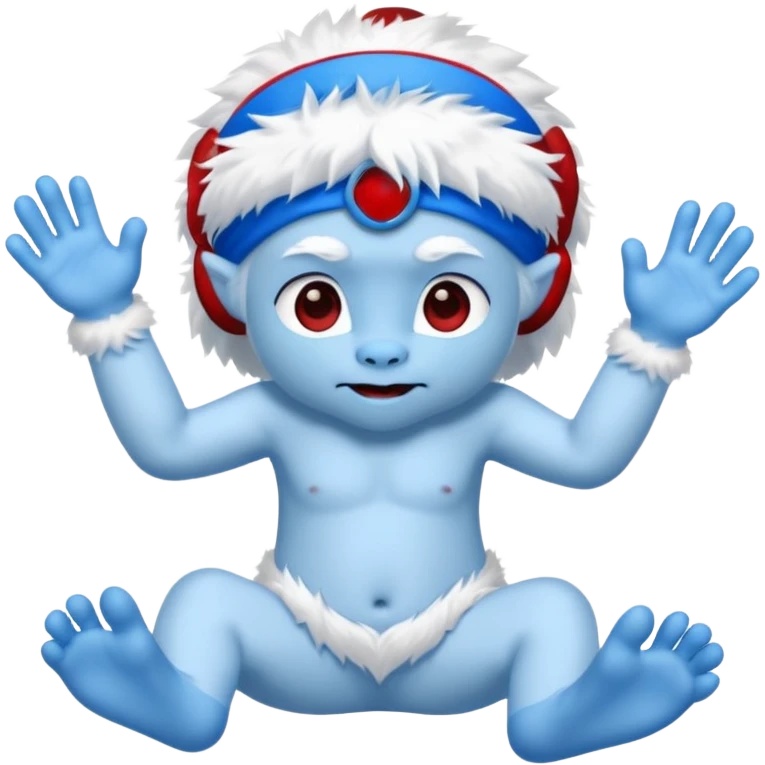 un yeti blanc avec des main et pied bleu et son nez bleu aussi , il a aussi els yeux bleux , et porte un bandeau rouge  emoji