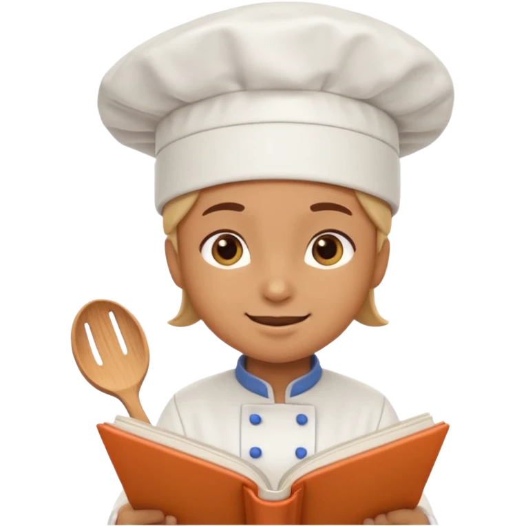 cute emoji-style character reading a cookbook, happy expression, chef hat emoji
