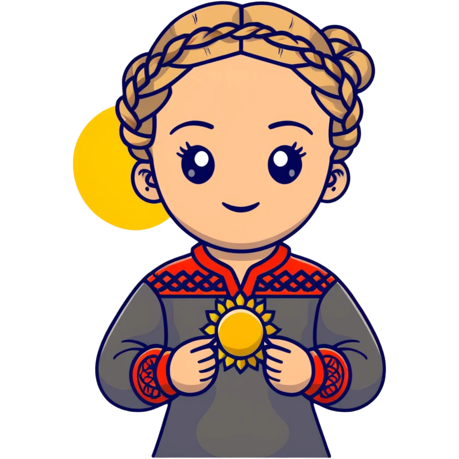 Ukrainian young girl with braided hair wearing traditional vyshyvanka embroidered shirt holding the sun in her hands emoji