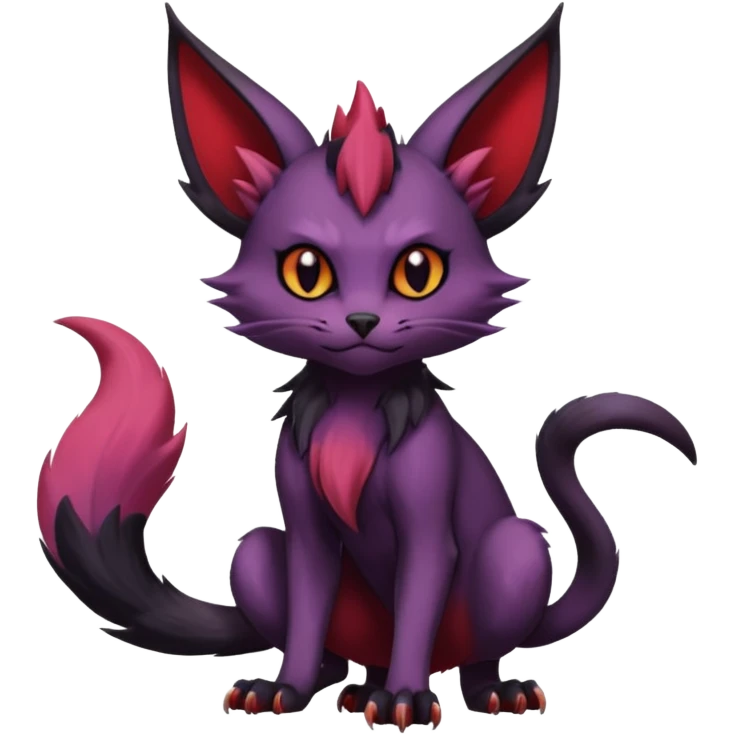 Dark gloomy gothic Black violet red edgy cute Noivern-Noibat-Purloin-Torracat-Lykoi-Caracal-cat-Fakemon-fusion-hybrid-creature with an imp tail  emoji