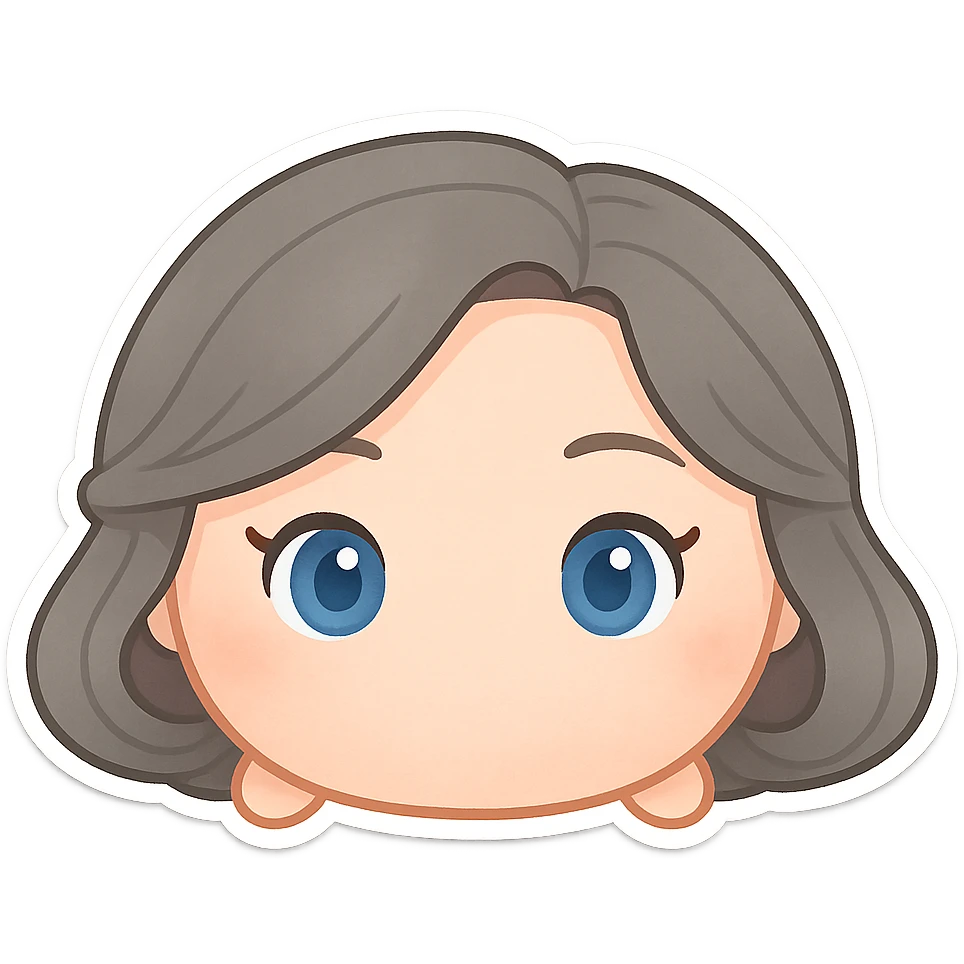 female tsum tsum plush style emoji, blue eyes, grey 1940s bob hair, no body, no mouth emoji
