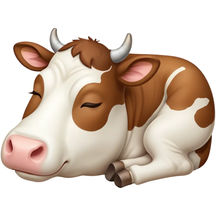Meme-Worthy Cute Sleeping Brown and White Cow Portrait Emoji, Head resting peacefully with a contented smile, showcasing a robust build and a luxuriously soft patterned hide of brown and white, eyes shut in a serene, restful nap, Simplified yet hilariously adorable features, highly detailed, glowing with a soft, drowsy light, high shine, relaxed and utterly lovable, stylized with an air of playful laziness, bright and heartwarming, soft glowing outline, capturing the essence of a comically sleepy cow, so meme-worthy it feels like it could instantly become the next viral sensation of adorable slumber! emoji