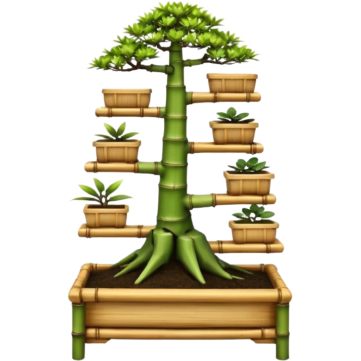 Wide Three tiered bonsai planters stand, shelving holding nine specimens and several small ones , frame made of one inch thick bamboo  emoji