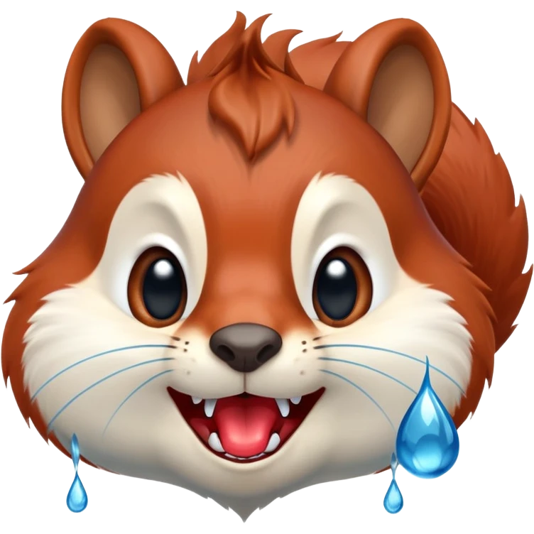 Front view of squirrel face with red-brown fur, prominent teeth, black eyes, and a huge blue drool droplet hanging from mouth, unmistakable drooling emoji