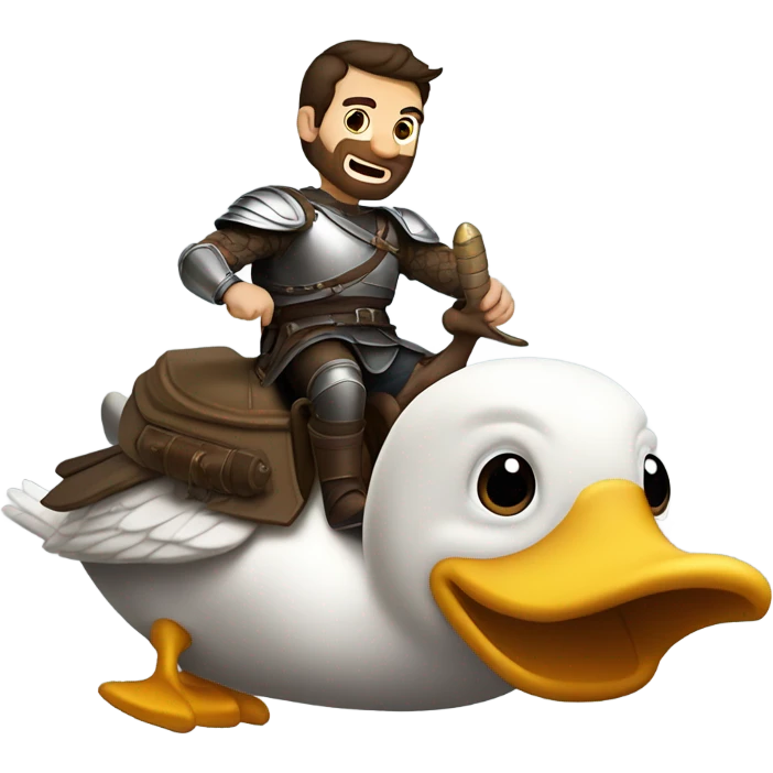 Confident armored White Man with dark brown hair and a short beard riding on the back of a giant armored duck pointing forward with one arm yelling a battle charge emoji