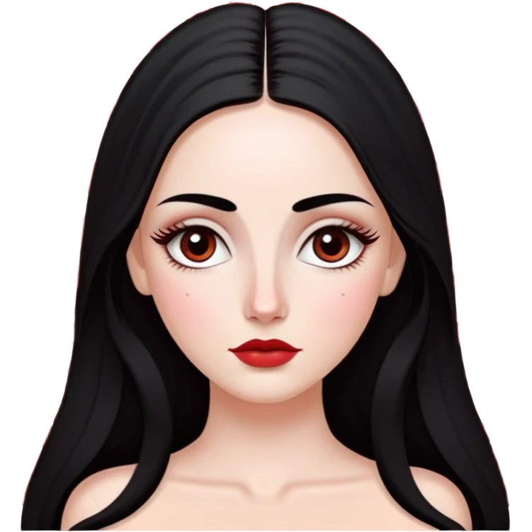 White girl with long oval shaped face, large almond shaped eyes with long eyelashes, long straight black hair falling in front of her bare shoulders, face closeup, with detailed pattern of red and white gopi dots in decorative arrangement above eyebrows emoji