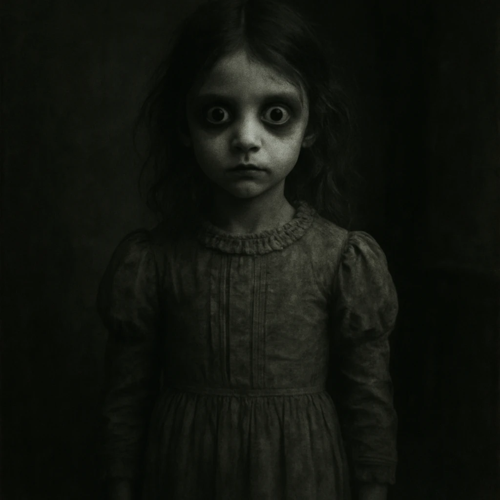 creepy girl, wide eyes, old-fashioned dress, ghostly appearance, dim lighting emoji