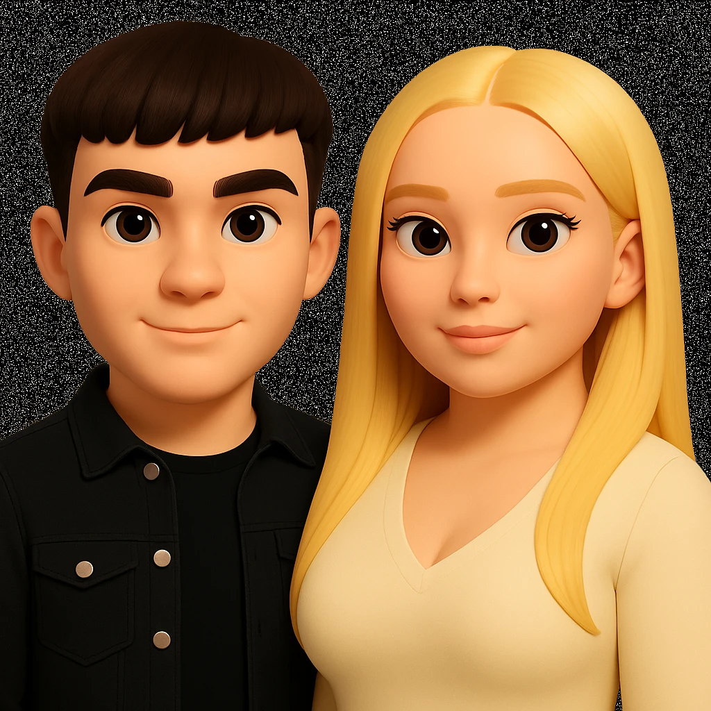 Slightly increase the volume of the upper body of the girl, slightly turn her to face forward, and make the skin color uniform. Maintain the cartoonish 3D style as in the reference image. emoji