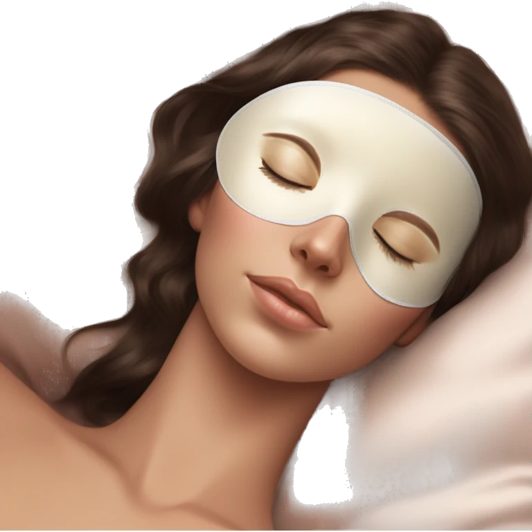 pretty brunette girl sleeping with cream coloured satin eyemask soft textures and ethereal glow emoji
