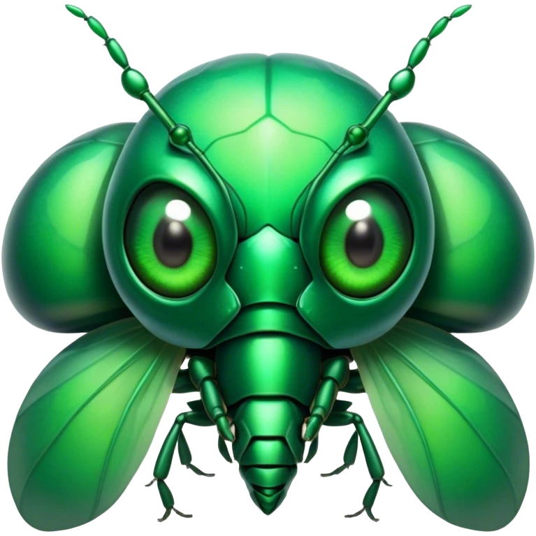 Cinematic Noble Green Bugdie Portrait Emoji, Poised and regal, with a tiny, delicate build and a vibrant, well-detailed emerald exoskeleton, deep-set soulful multifaceted eyes, Simplified yet sharp and sophisticated features, highly detailed, glowing with a soft, dignified glow, high shine, intelligent and alert, stylized with an air of miniature majesty, focused and attentive, soft glowing outline, capturing the essence of a watchful and confident insect, so majestic it feels as though it could scuttle out of the screen with effortless authority! emoji