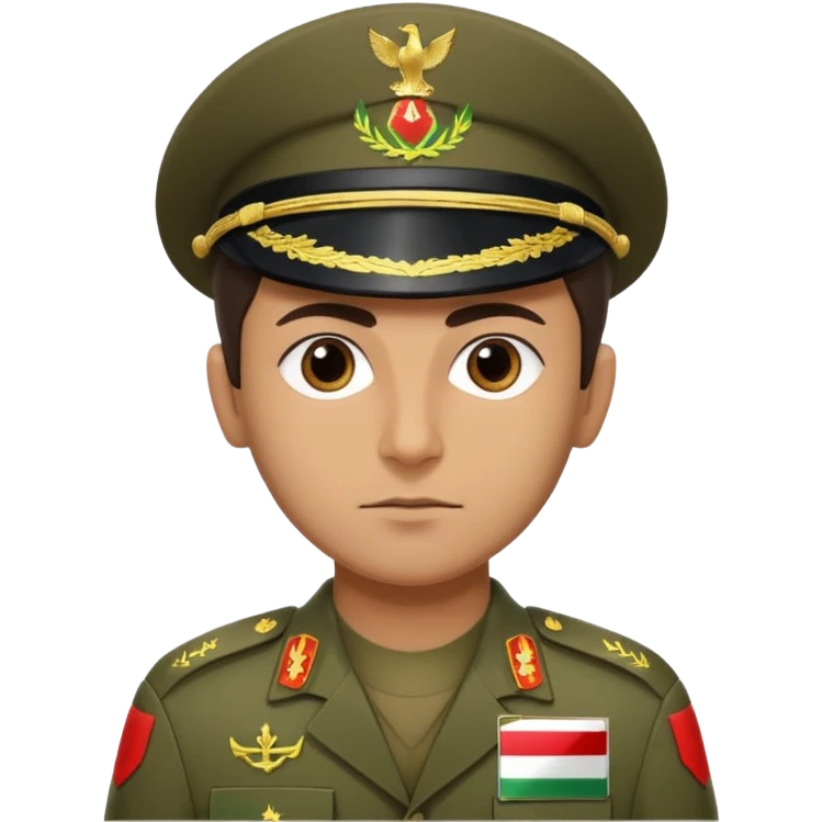 Portrait of an Iranian soldier with an Iranian flag chevron on his shoulder and chest emoji