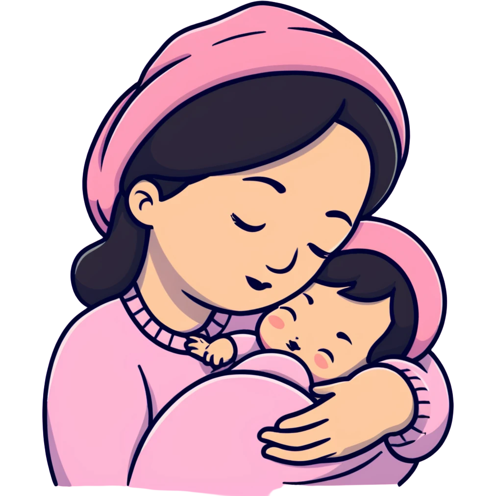 mother tenderly holding sleeping newborn baby wearing pink knit hat emoji