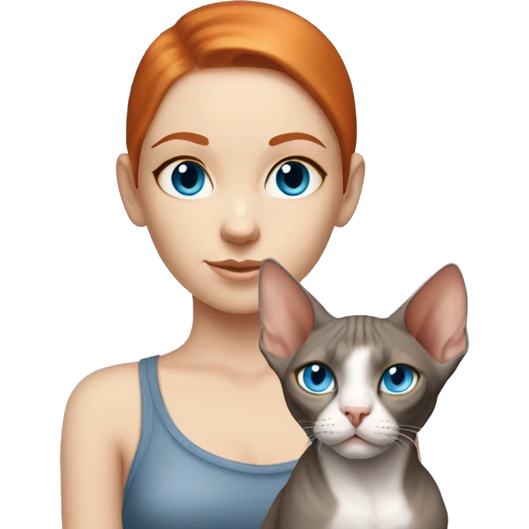 White skin girl with ginger hair and blue eyes with gray sphynx cat  emoji