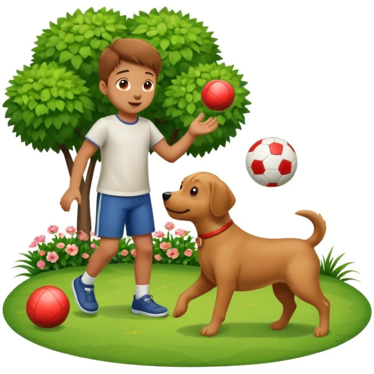 kid and dog playing with ball, garden background emoji