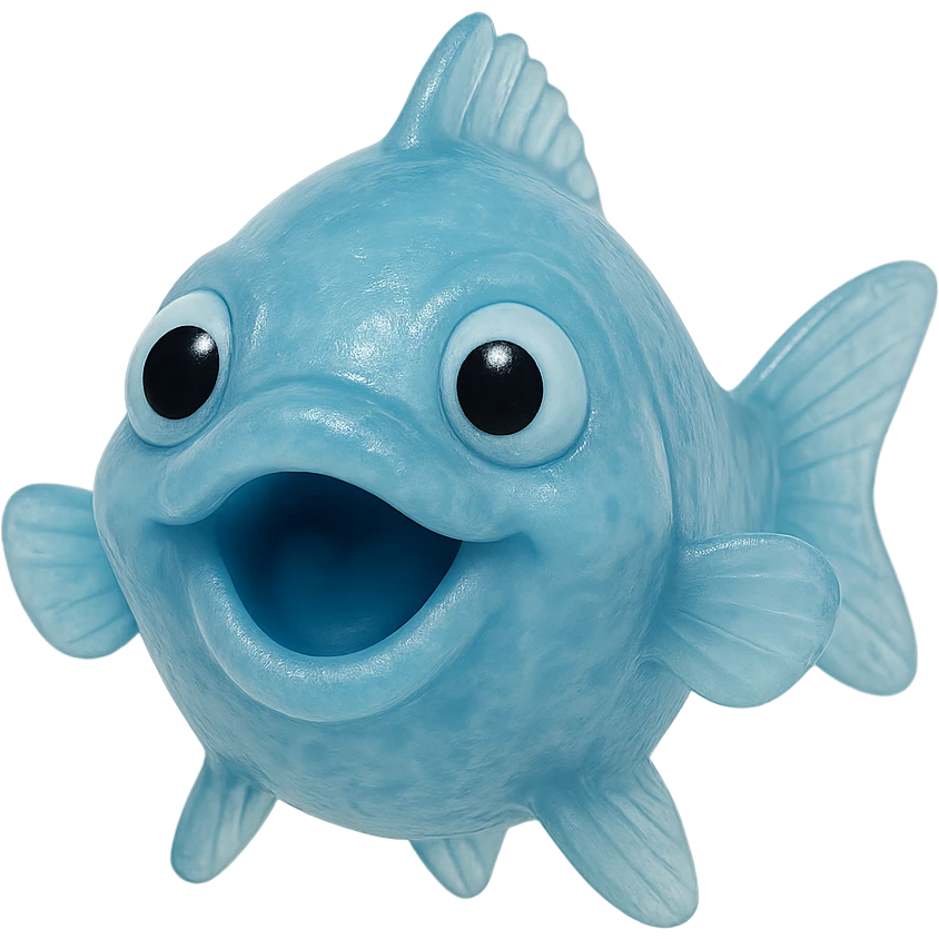 highly detailed, hyper-realistic clear bright blue fish with derpy playful face, mouth open, looking directly at us, transparent soft plastic body with subtle cloudiness, soft reflections, retro 90's toy vibe, not shiny, soft and squishy appearance, no background emoji