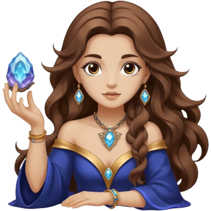 crystal moon mage woman long wavy brown hair tattoos small geode emoji
