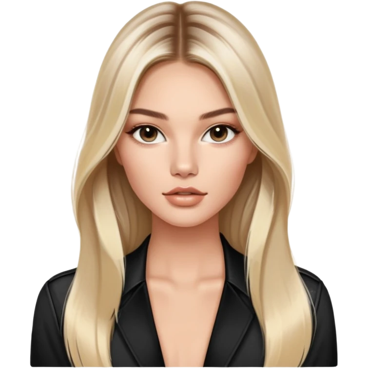 victoria’s secret model with long light blonde straight balayage hair, dark brown almond and small eyes, ovaled face with a refine jawline, small lips emoji