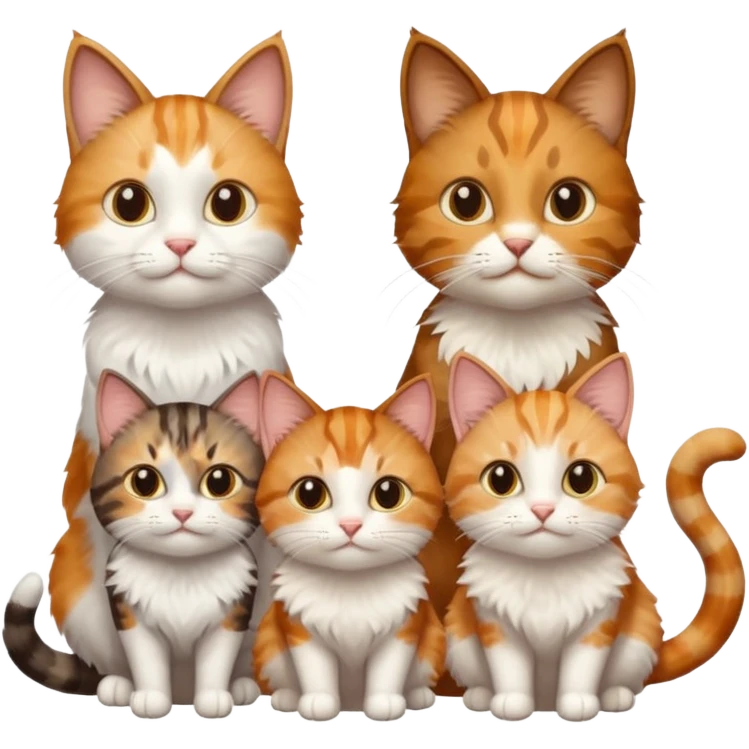 3 cats different colours including brown tabby and white, light patchy calico, and ginger and white emoji