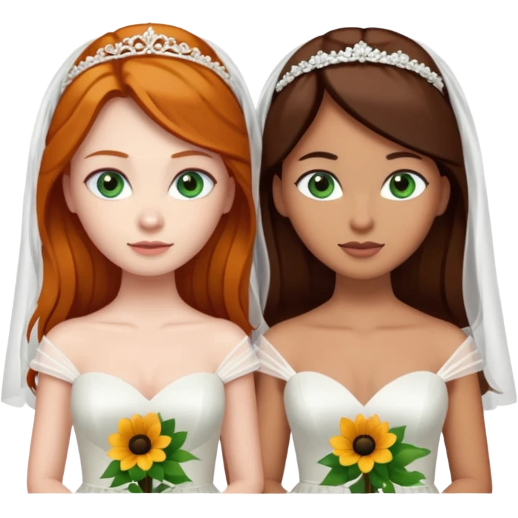 A ginger woman with blue eyes, marrying a taller woman with very dark brown hair and green eyes, both in wedding dresses. emoji