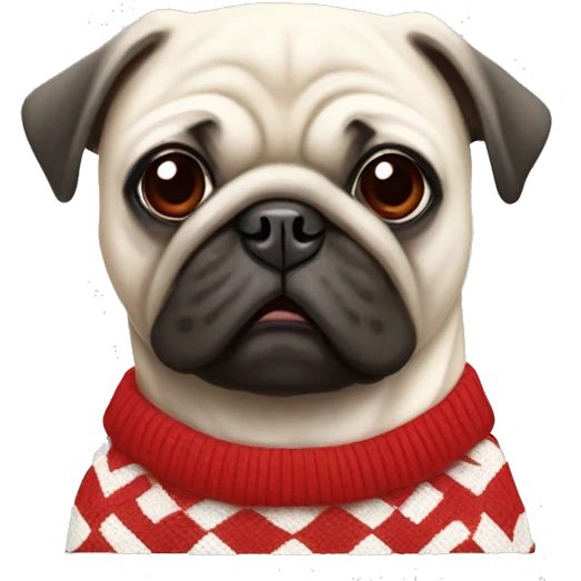 white pug wearing a red and white checkered sweater emoji