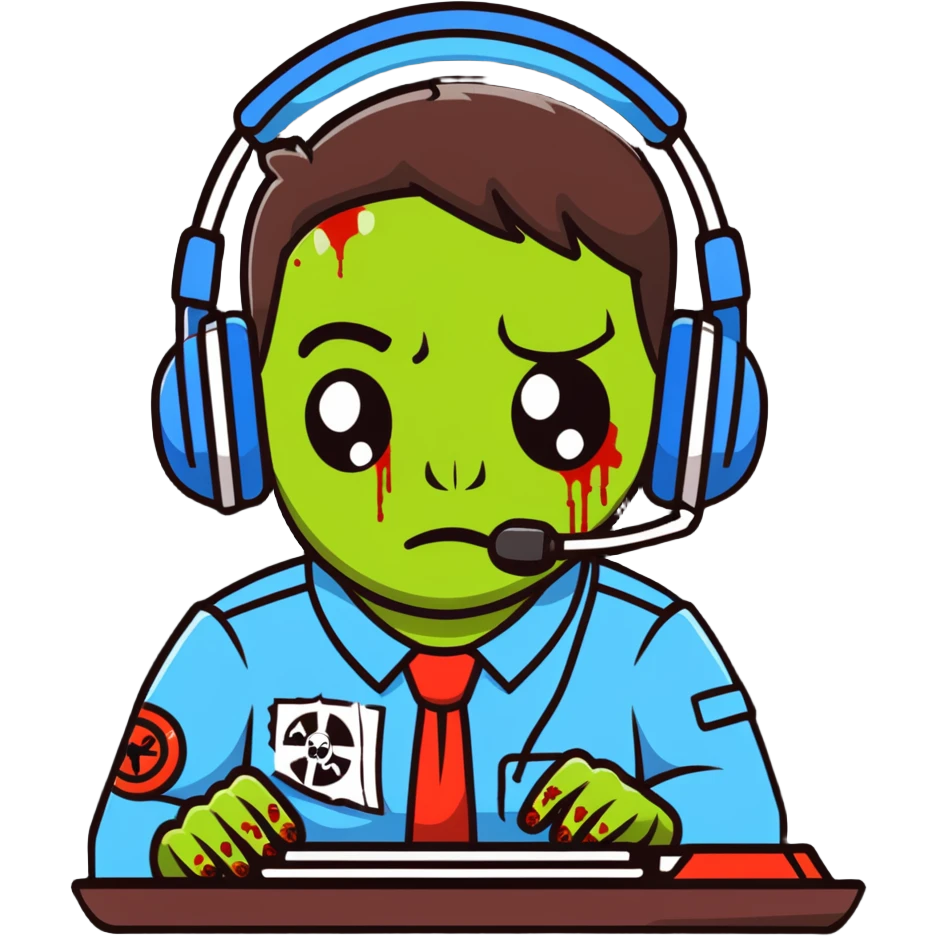 zombie call center employee with headphones, torn uniform, and dead eyes emoji