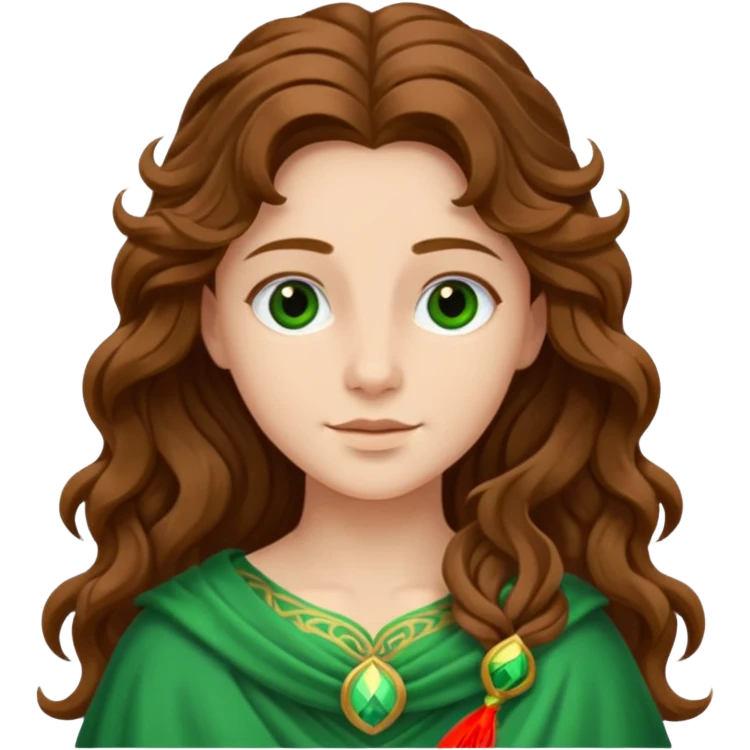 Juno from The Olympians with long brown wavy hair, green stola emoji