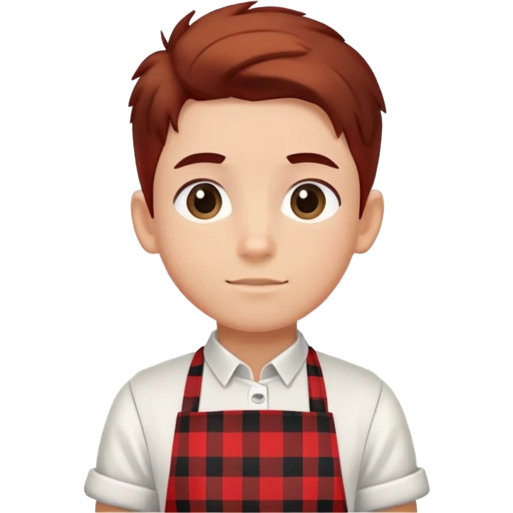 boy with hair up wearing a black, red, and white plaid apron emoji