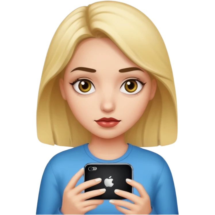 Una chica peligroja que está con ojeras color de piel blanca y tiene en su mano un iPhone 16 emoji
