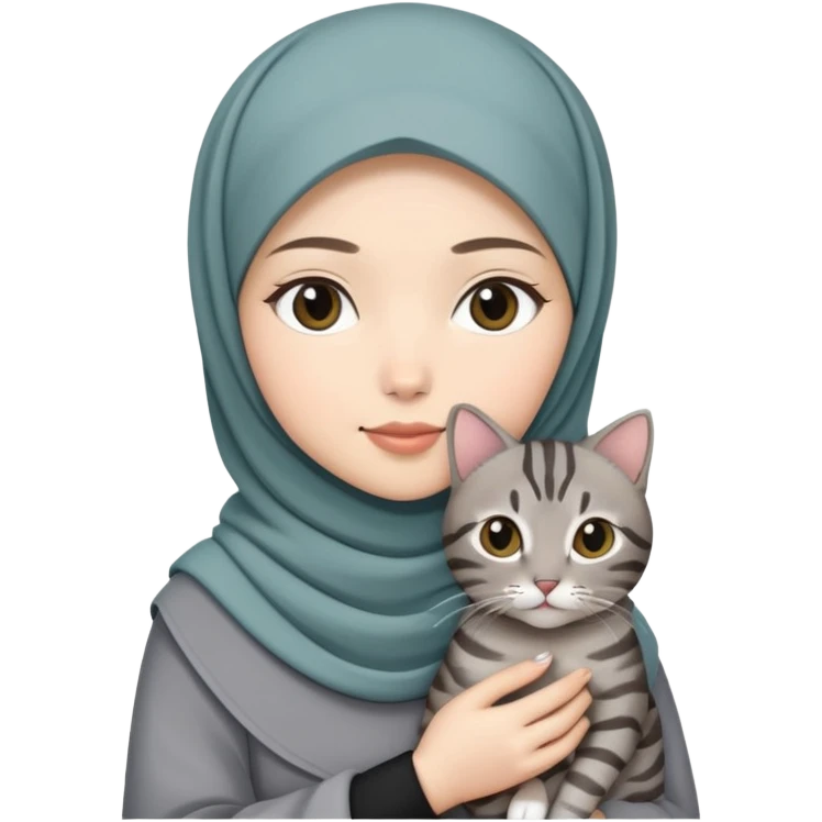 Asian White girl wearing hijab holding a black grey tabby cat emoji