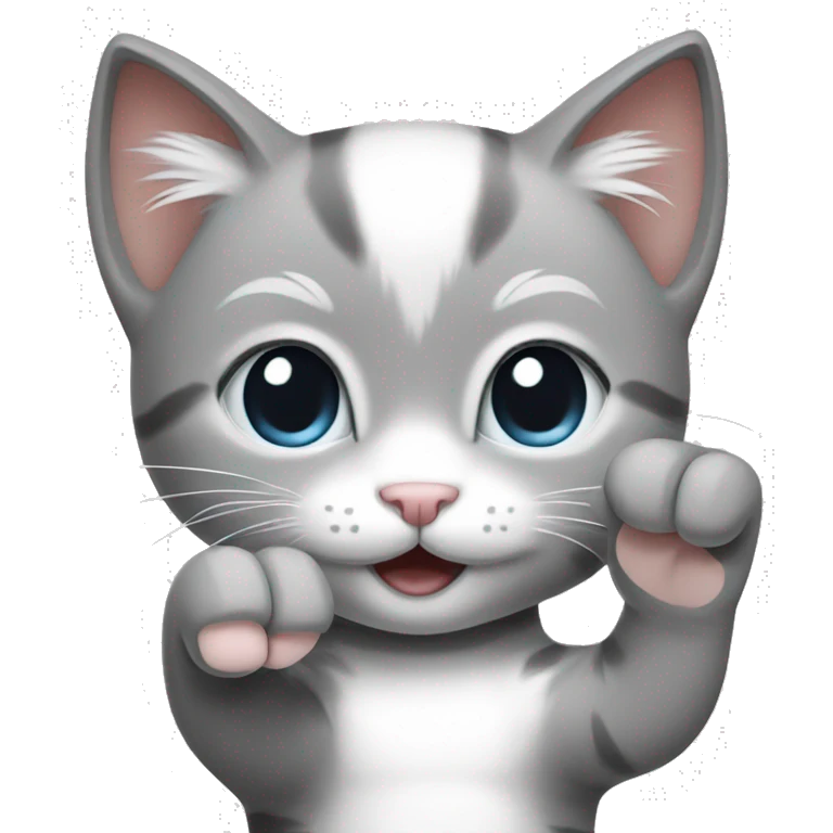 Gray and white kitten giving peace sign with both hands  emoji
